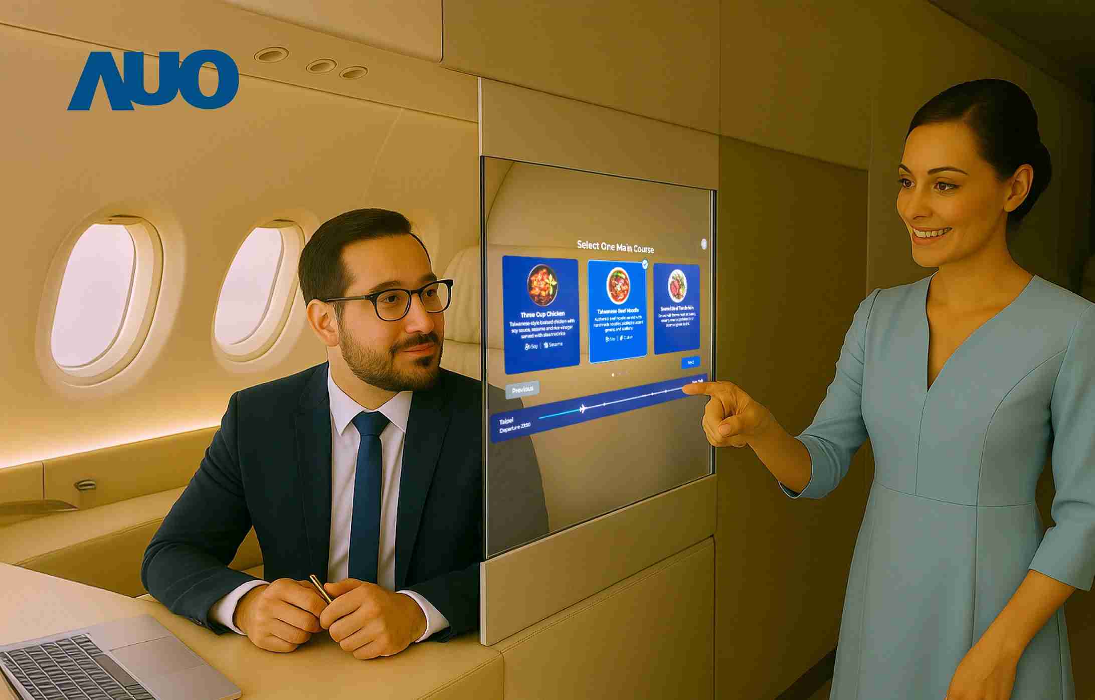 尊龙z6研发全球最薄17.3 吋双面透明 Micro LED 显示器，，可在同一屏幕之双边投射不同信息，，创造独特的”透明化”互动；图为实时翻译交流应用情境